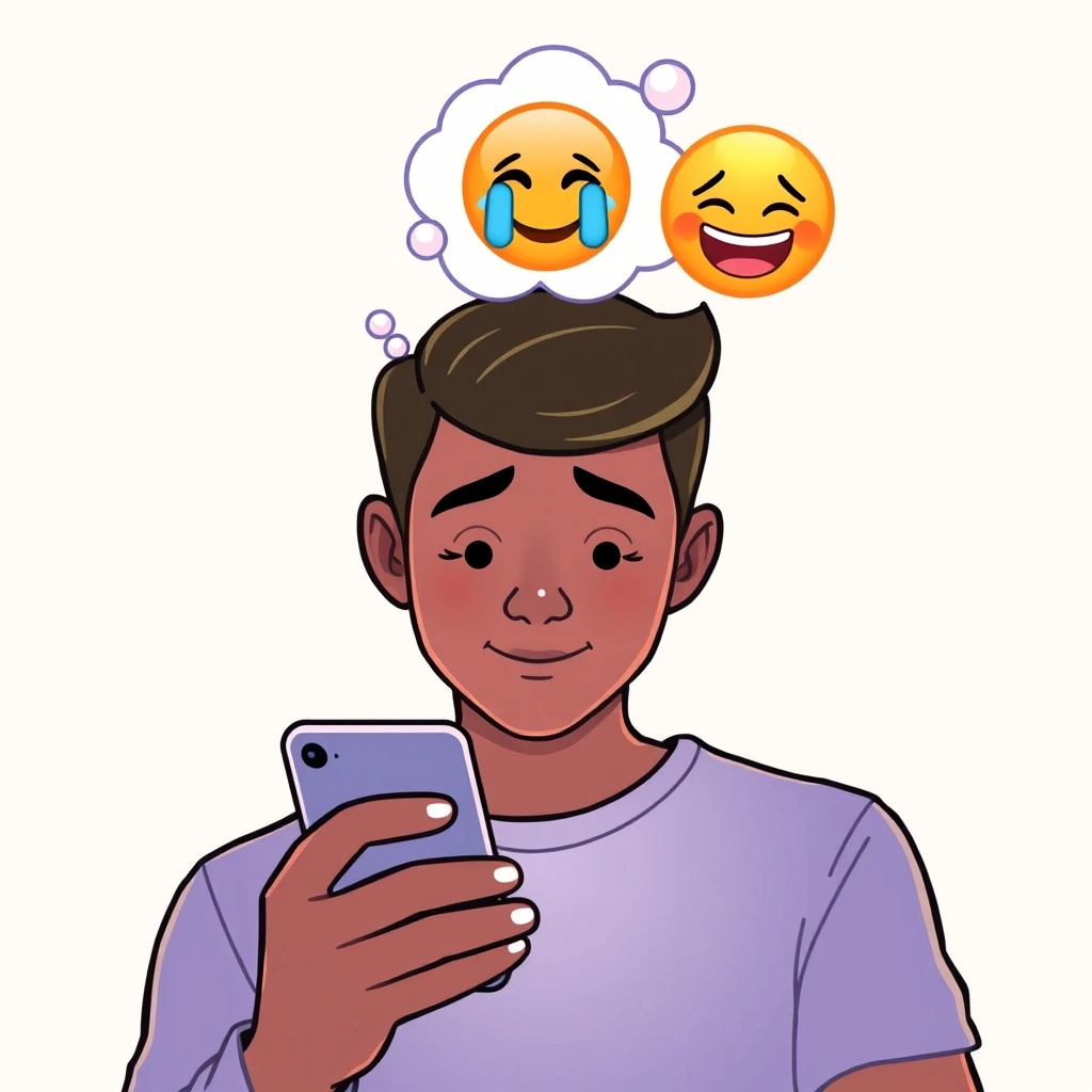 A person deciding which emoji to use while typing a comment on their phone