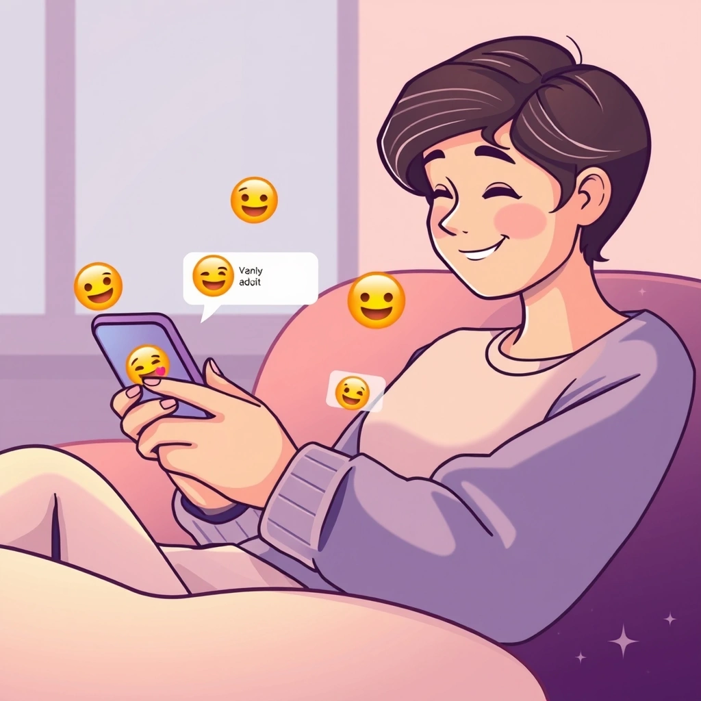 A person looking at their phone with a warm smile, comforted by familiar emoji messages.