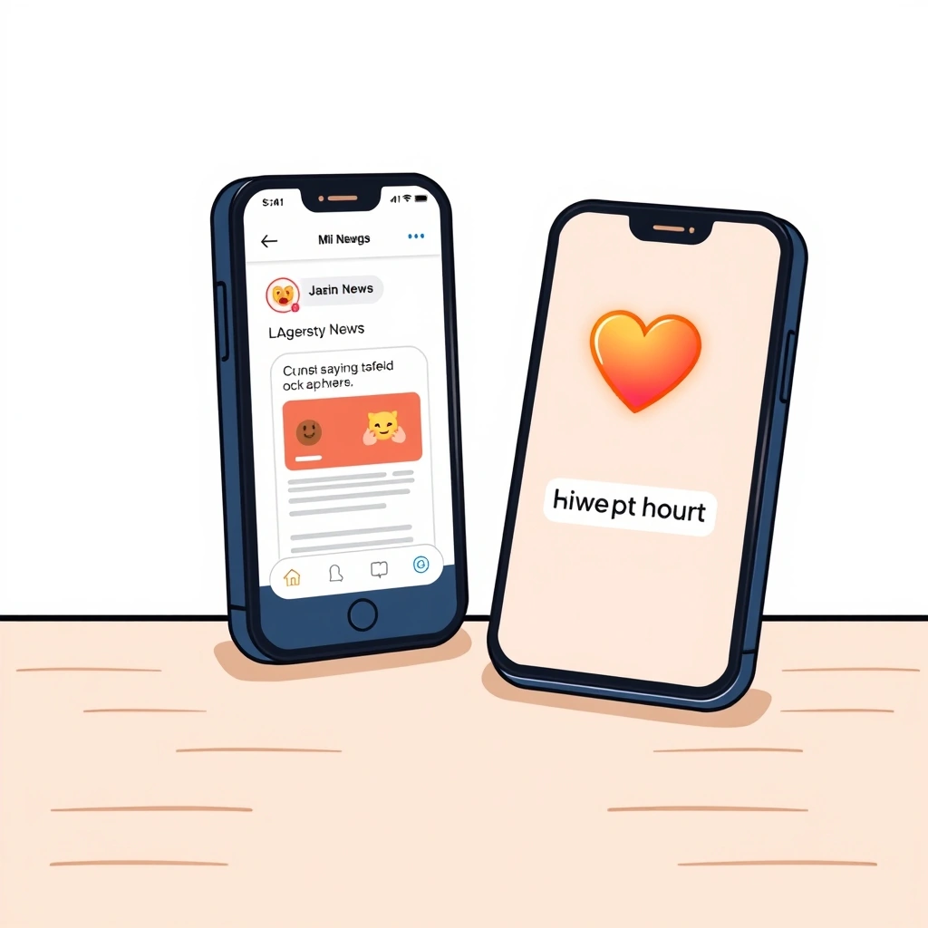 Two phones communicating; one shares difficult news, the other replies with a supportive heart emoji.