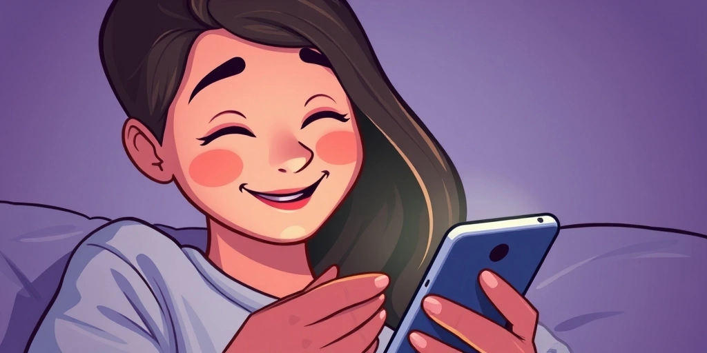 Someone checking their phone with a warm, content expression.