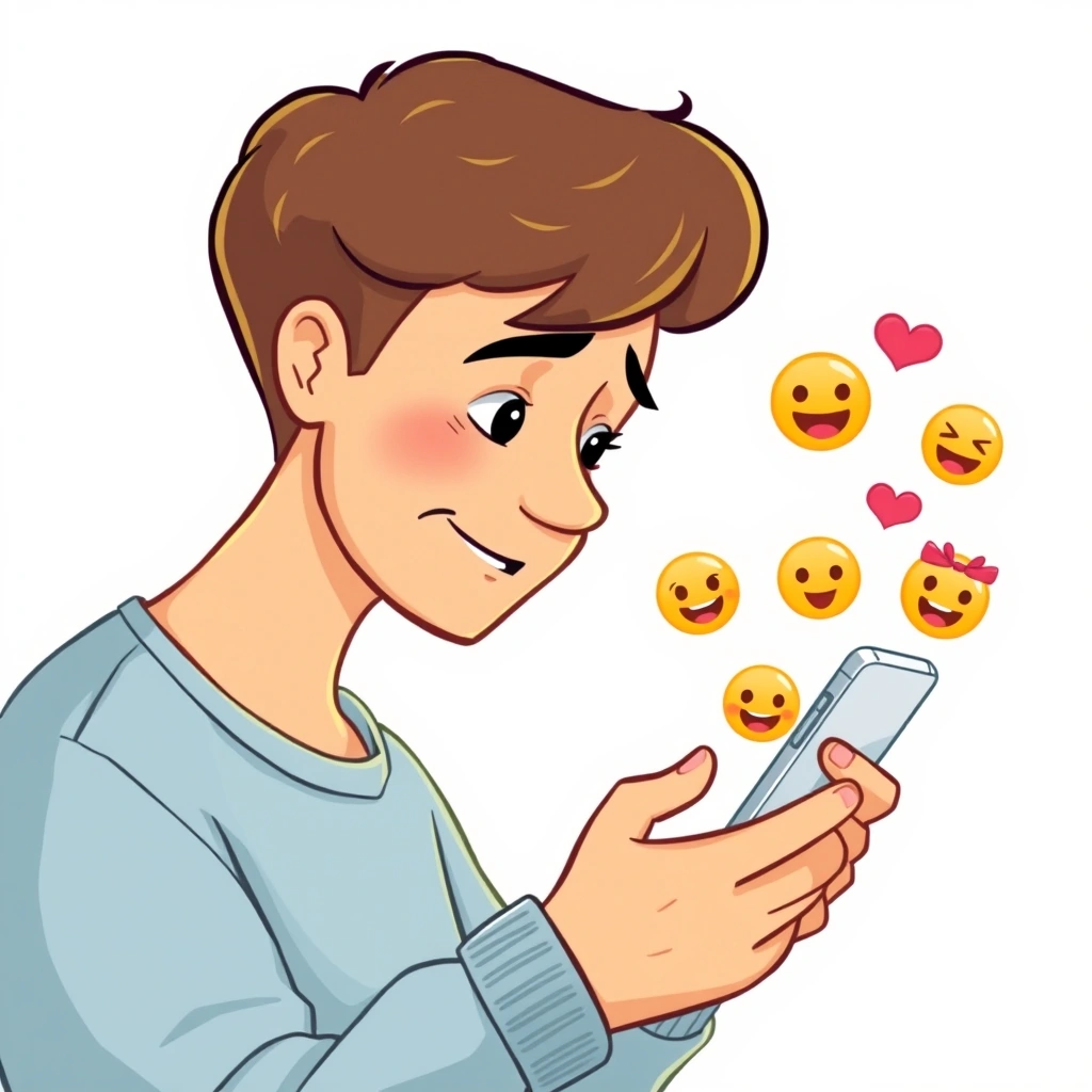 A person smiling as they add an emoji to a text message on their phone.