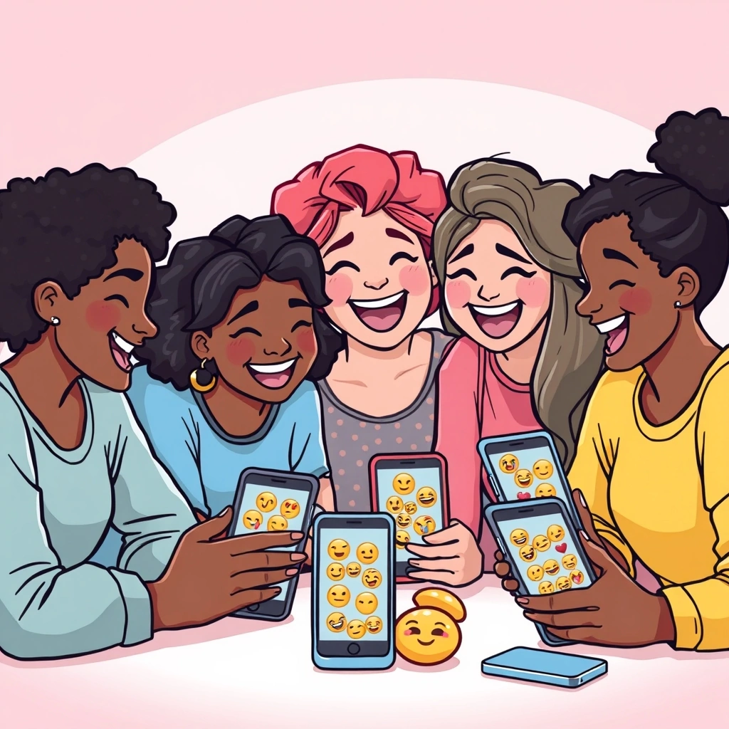 Friends socializing with their phones showing playful, emoji-heavy group chats.