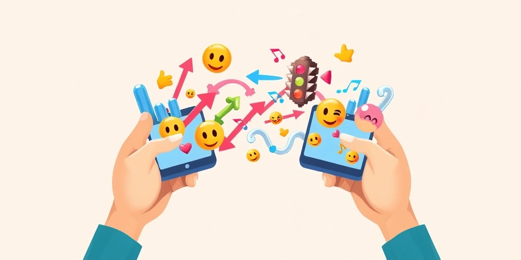 Abstract visual of emojis flowing between phones representing conversational flow.
