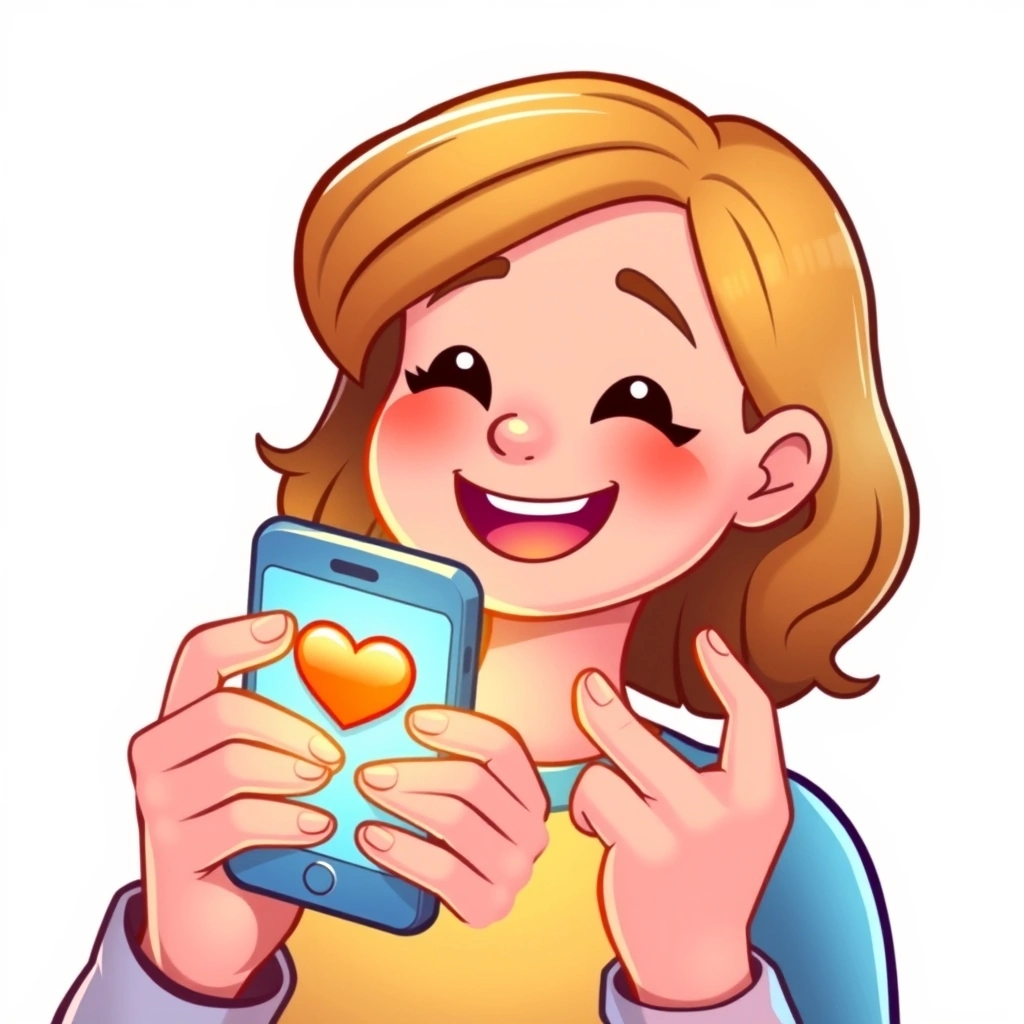 Person smiling at a phone showing a heart emoji in a text message.