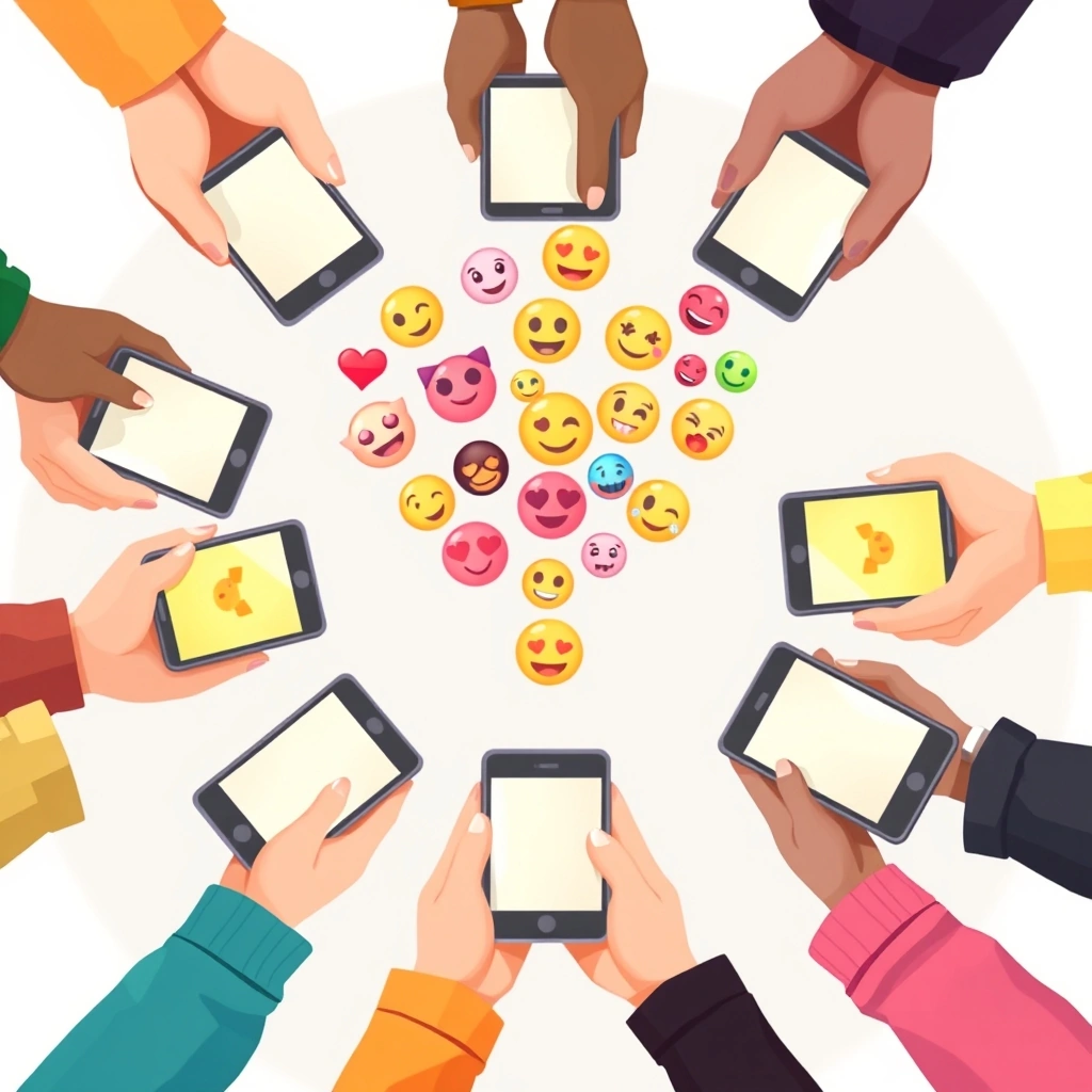 Hands from people of different ages holding phones, with a shared stream of popular emojis rising into the air between them.