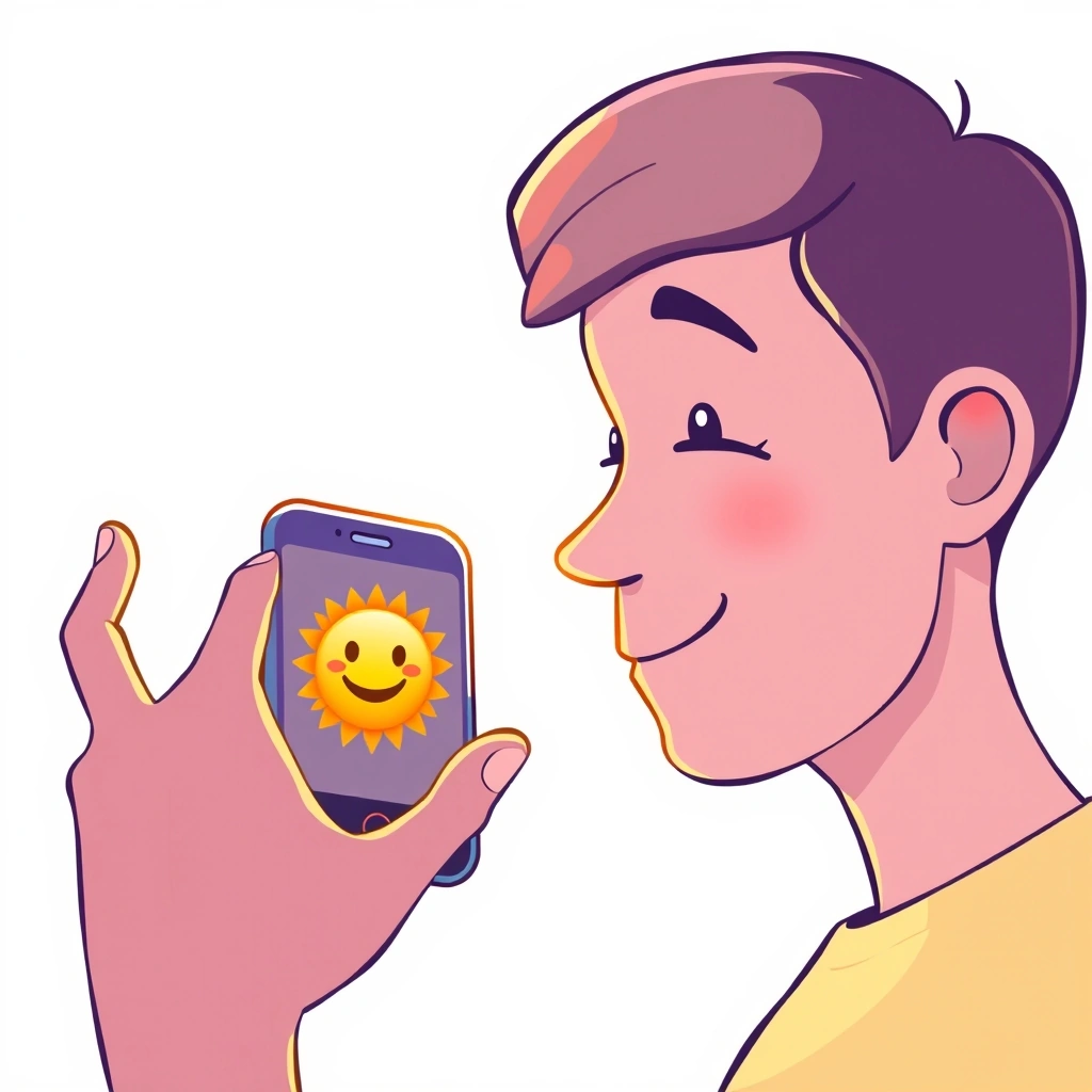 A person's reaction to a positive text message enhanced by an emoji