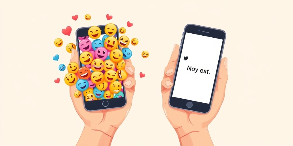 A contrast between a past text full of emojis and a current, plain text reply.