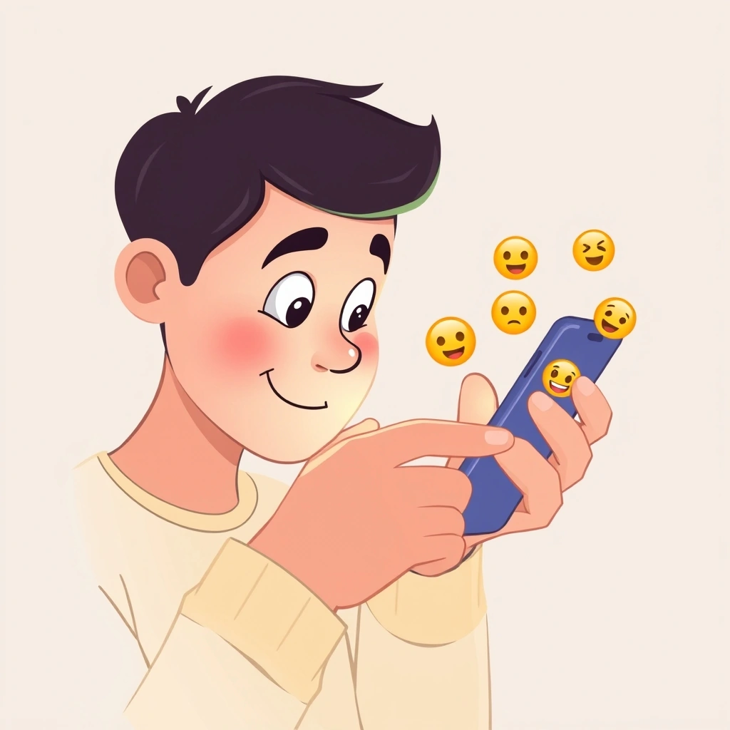 Person thoughtfully reading a message with emojis on their phone