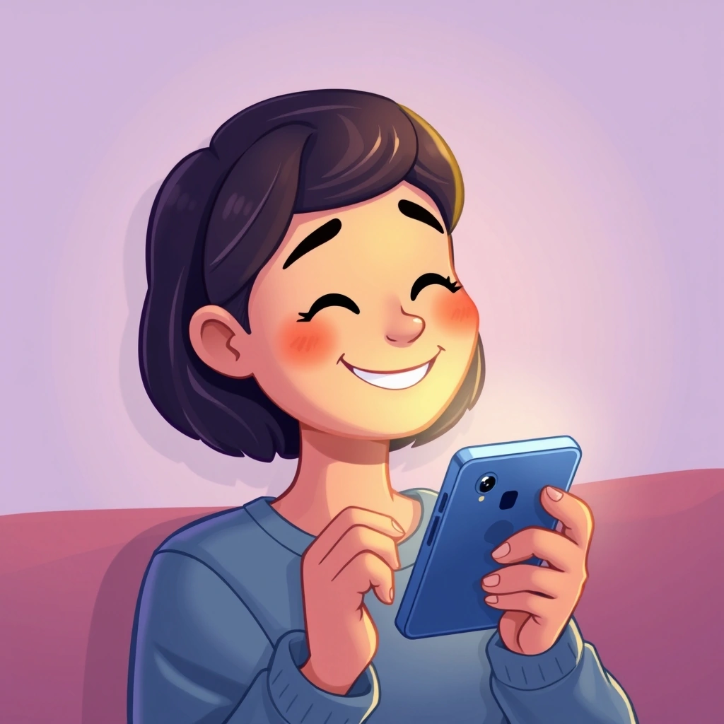 Someone relieved and smiling at a reply on their phone in the evening.