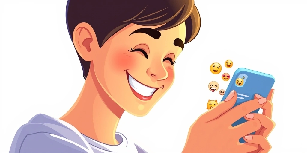 A person happily reading a text message conversation filled with emojis on their phone.