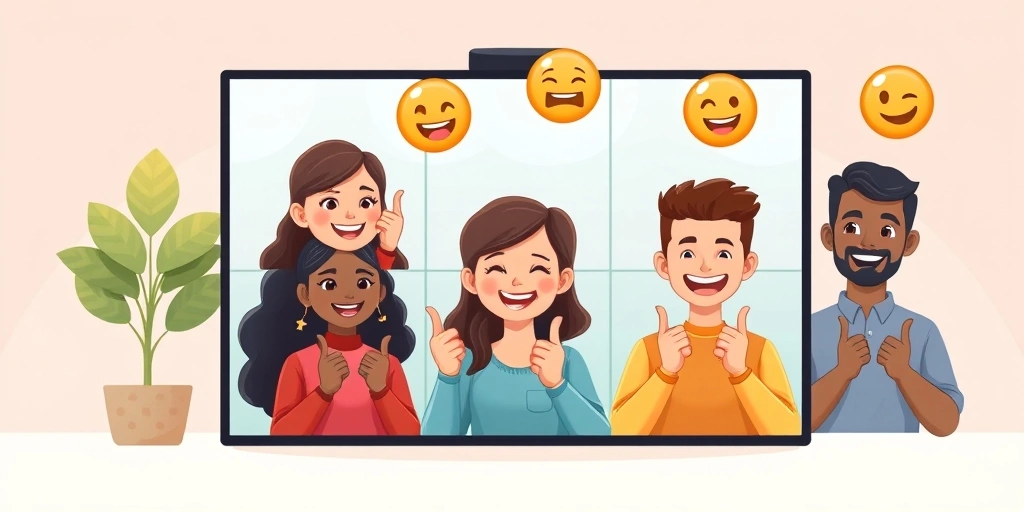 A remote team celebrating a win together using emoji reactions during a video call.