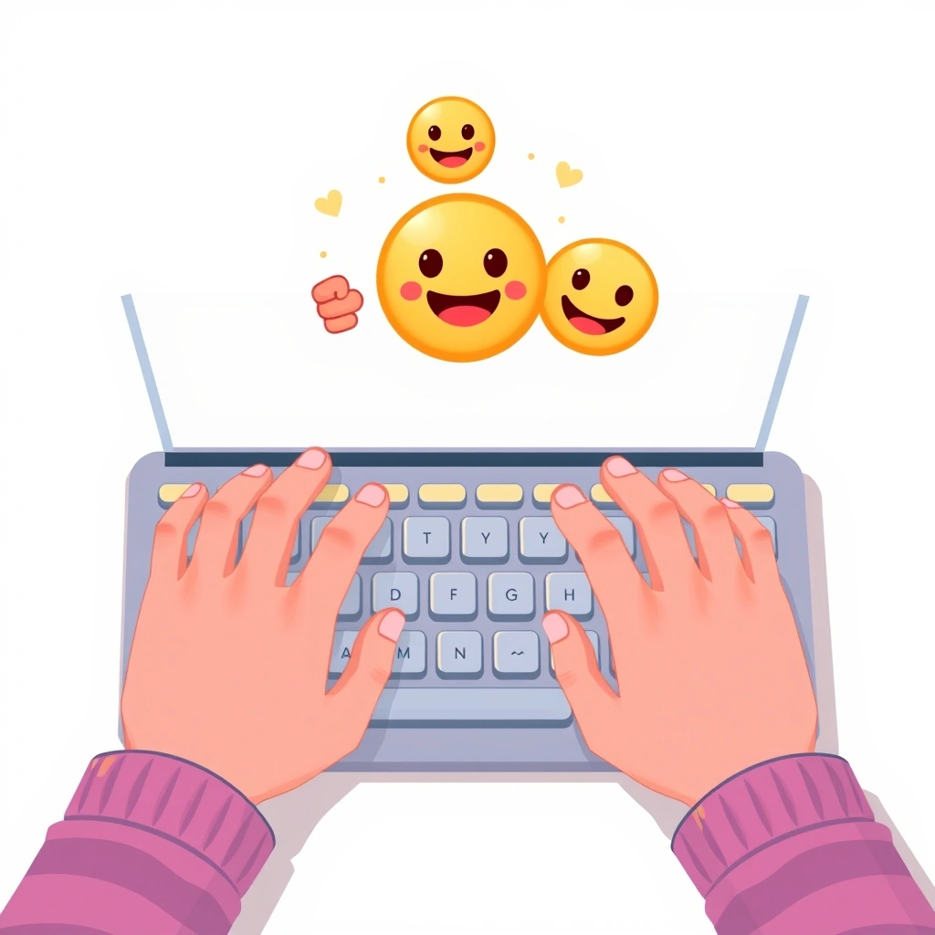 Hands typing a message enhanced with friendly emojis.