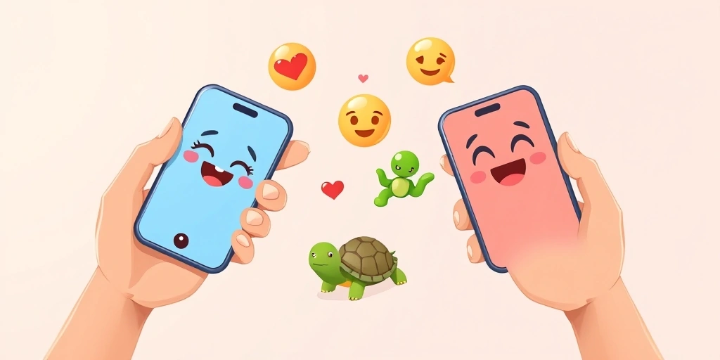Emojis like a wink and thinking face floating between two phones during a chat