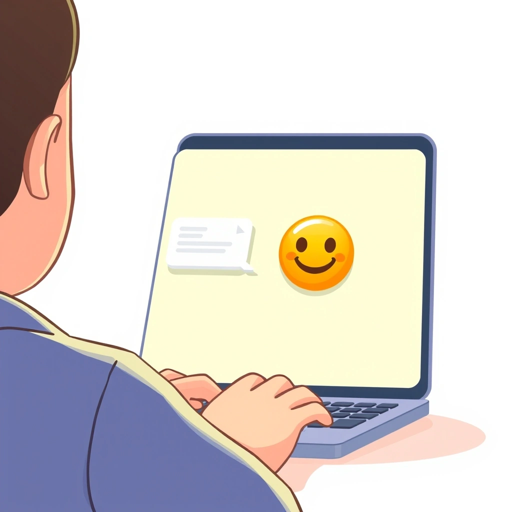 Person smiling at a friendly email with an emoji on their laptop