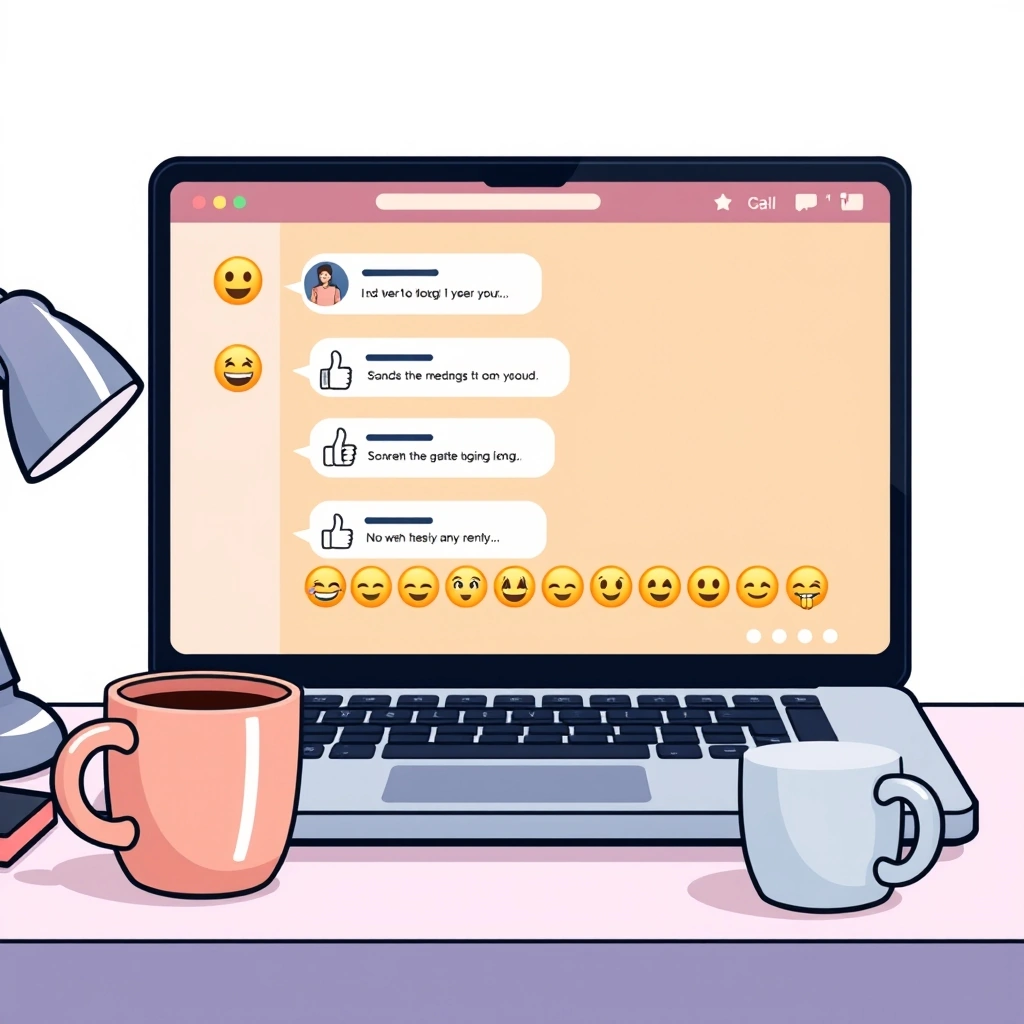 A Slack conversation on a laptop demonstrating the use of friendly emojis in a professional setting.