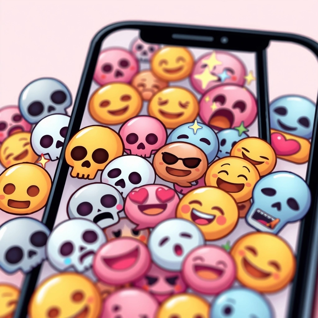 A smartphone displaying a lively text conversation full of popular emojis