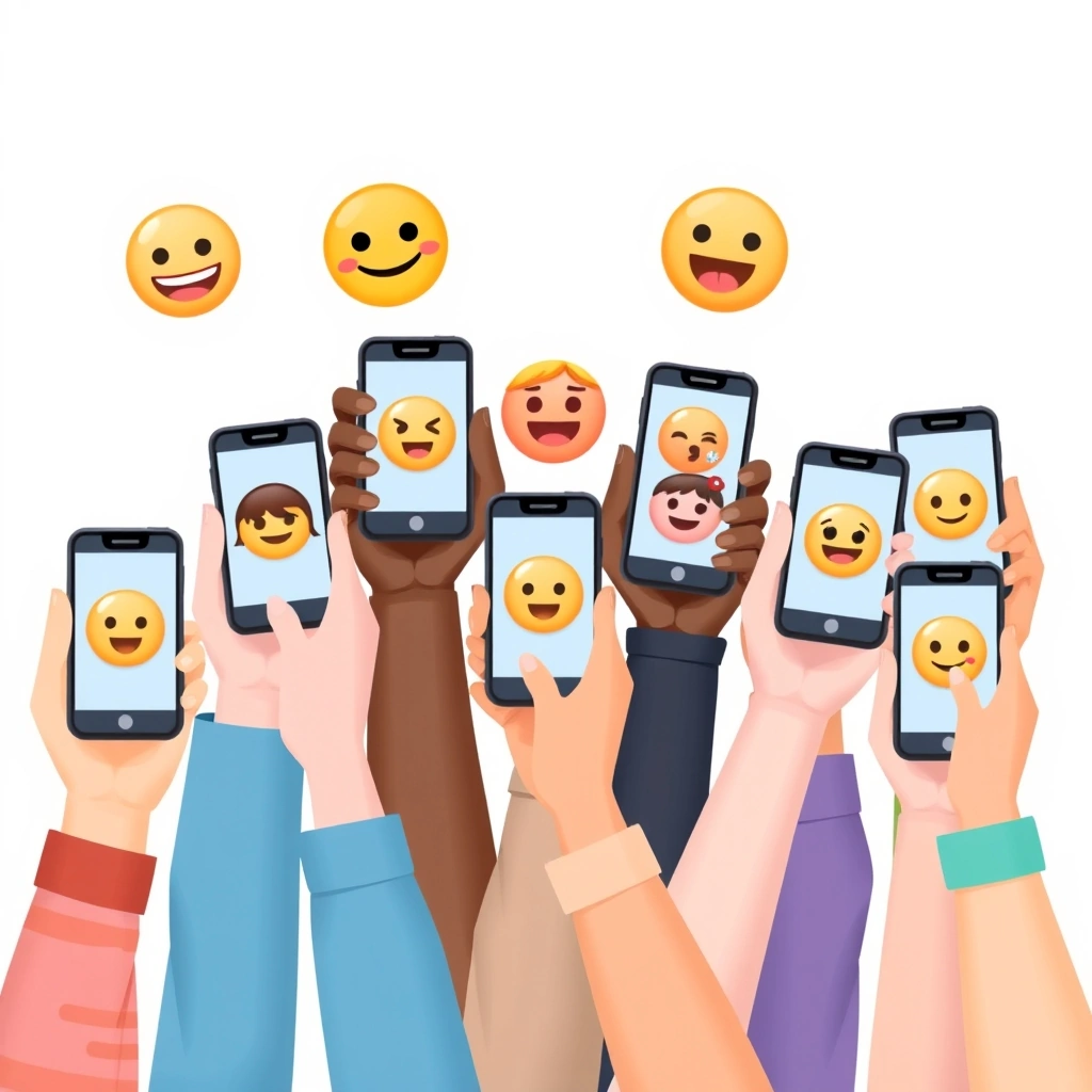 Multiple people holding phones, each displaying a different universal emoji