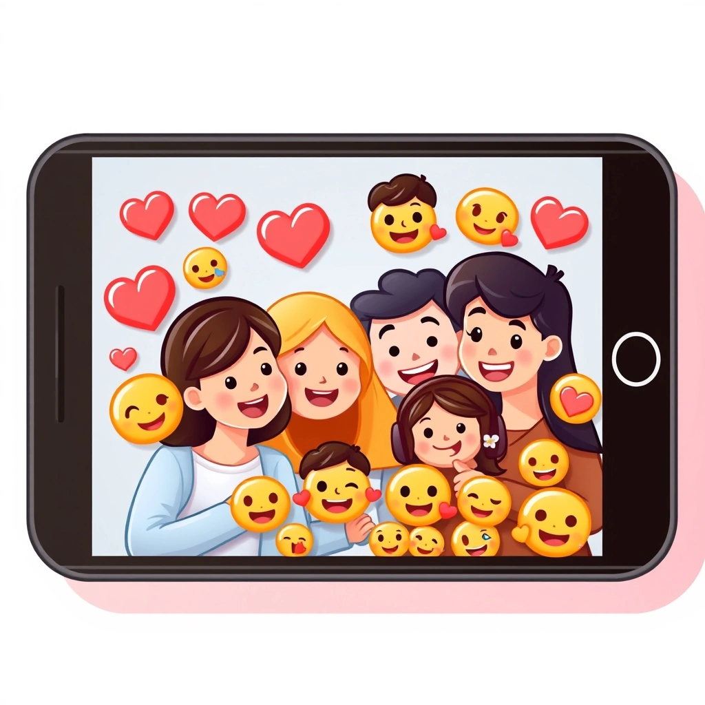 A close-up of a family group chat on a phone, showing emoji reactions on shared photos.