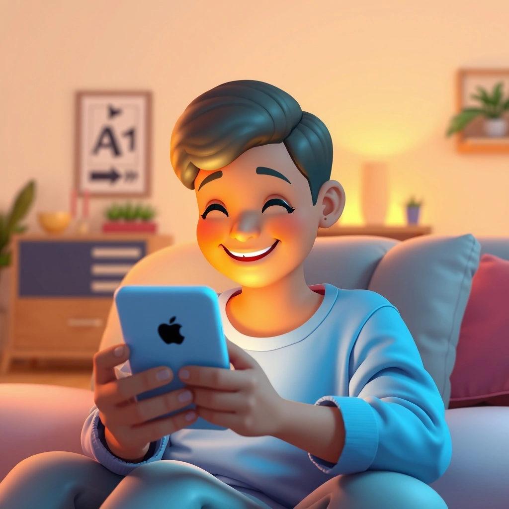 A person at home smiling at their phone, feeling connected through a message.