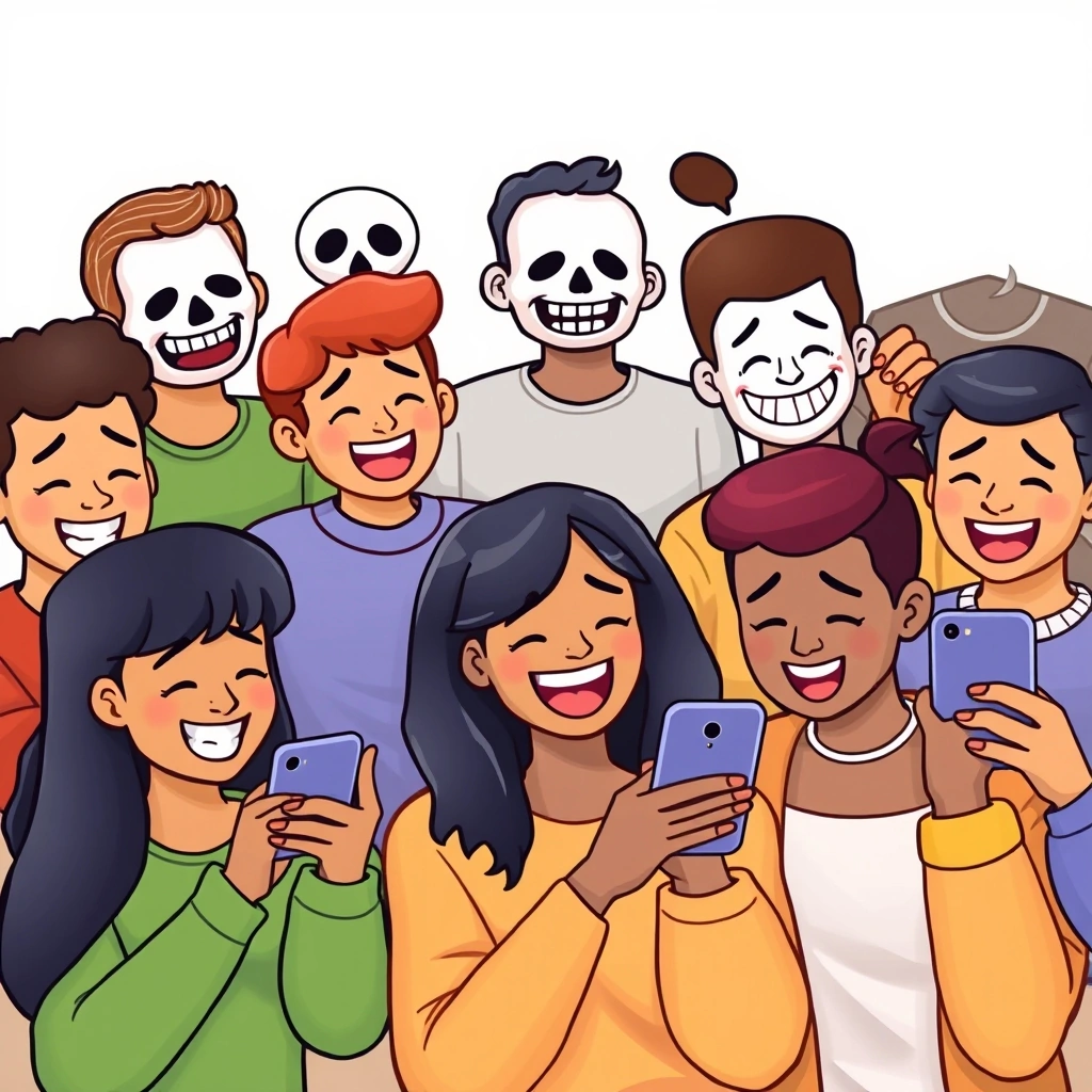 Friends laughing together online, their reactions mirroring common emoji expressions.