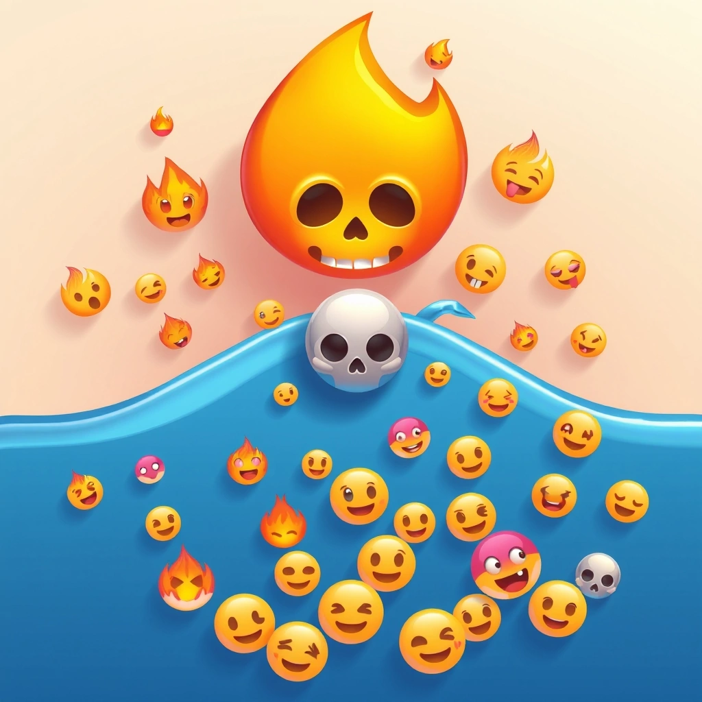 Emojis spreading from a small community chat to a wide social media network.