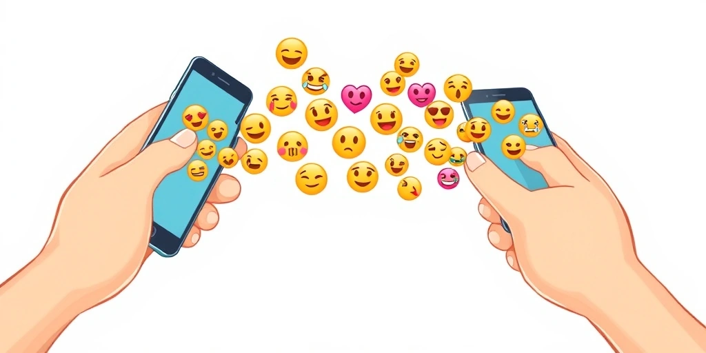 Emojis flowing between two smartphones during a text conversation.