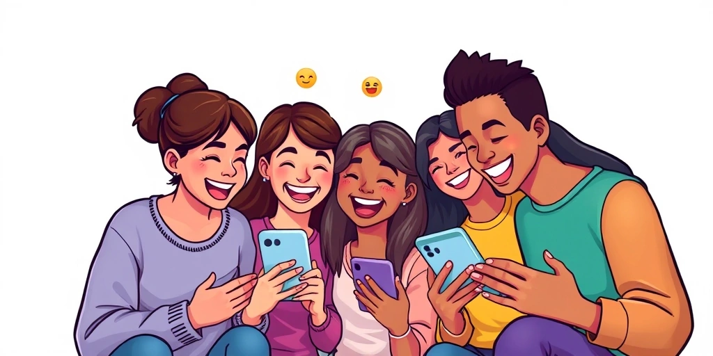 Friends sharing a laugh over a funny emoji exchange on their phones.