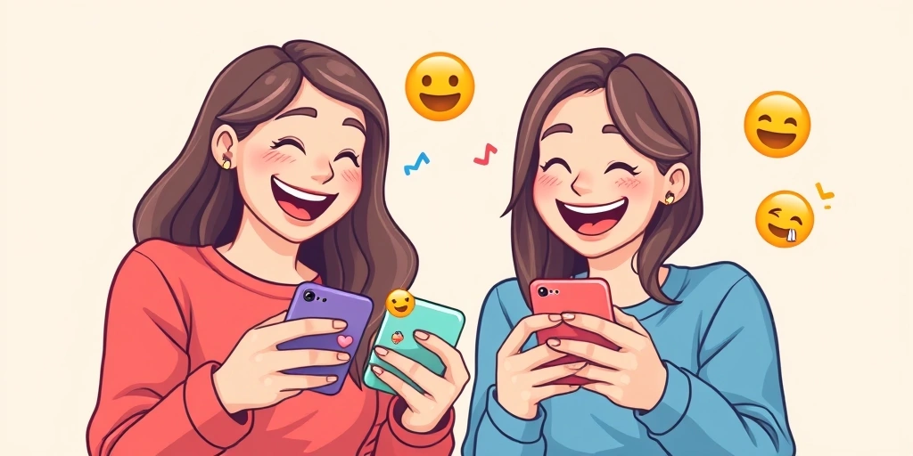 Friends sharing a laugh over emoji pairs on a phone screen.