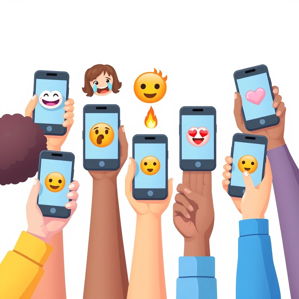 Multiple people holding phones, each displaying a popular reaction emoji, representing the viral and communal nature of emoji use.