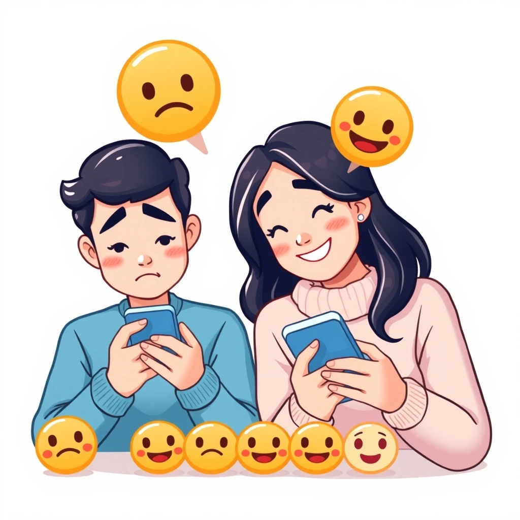 Two individuals using phones, one clarifying a message with an emoji to prevent misunderstanding.