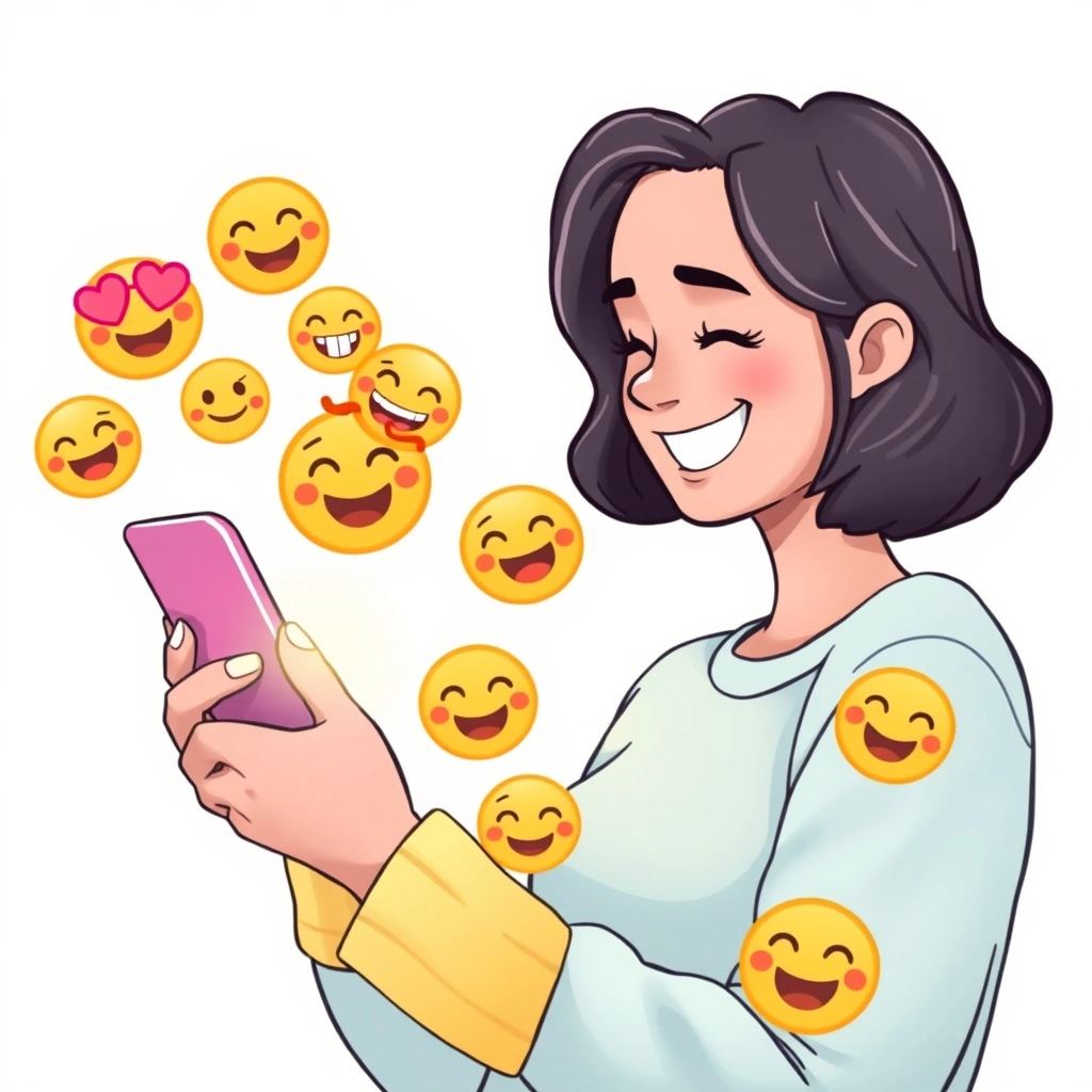 A person smiling at their phone, feeling connected by a chat full of friendly emojis. A person smiling at their phone, feeling connected by a chat full of friendly emojis.