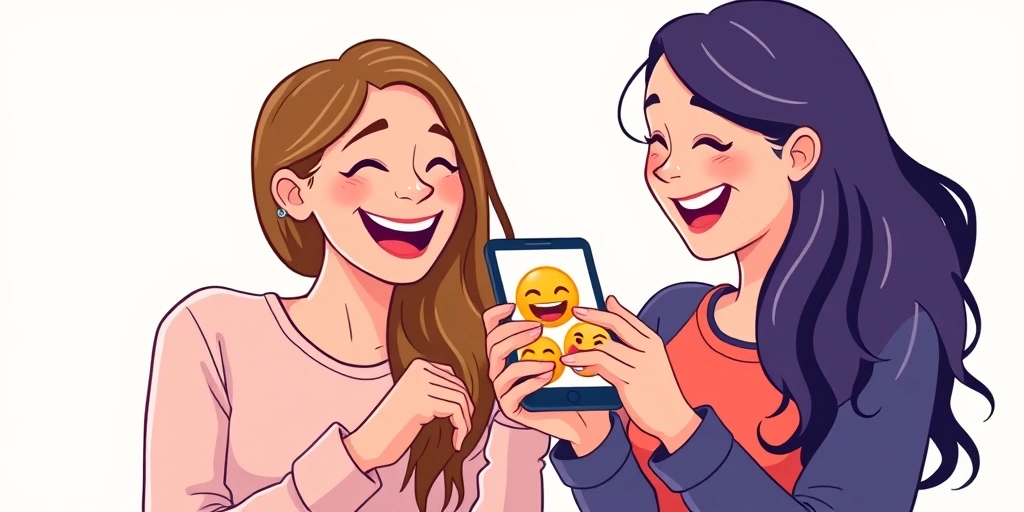 Friends sharing a laugh over a clever emoji combination on a phone.