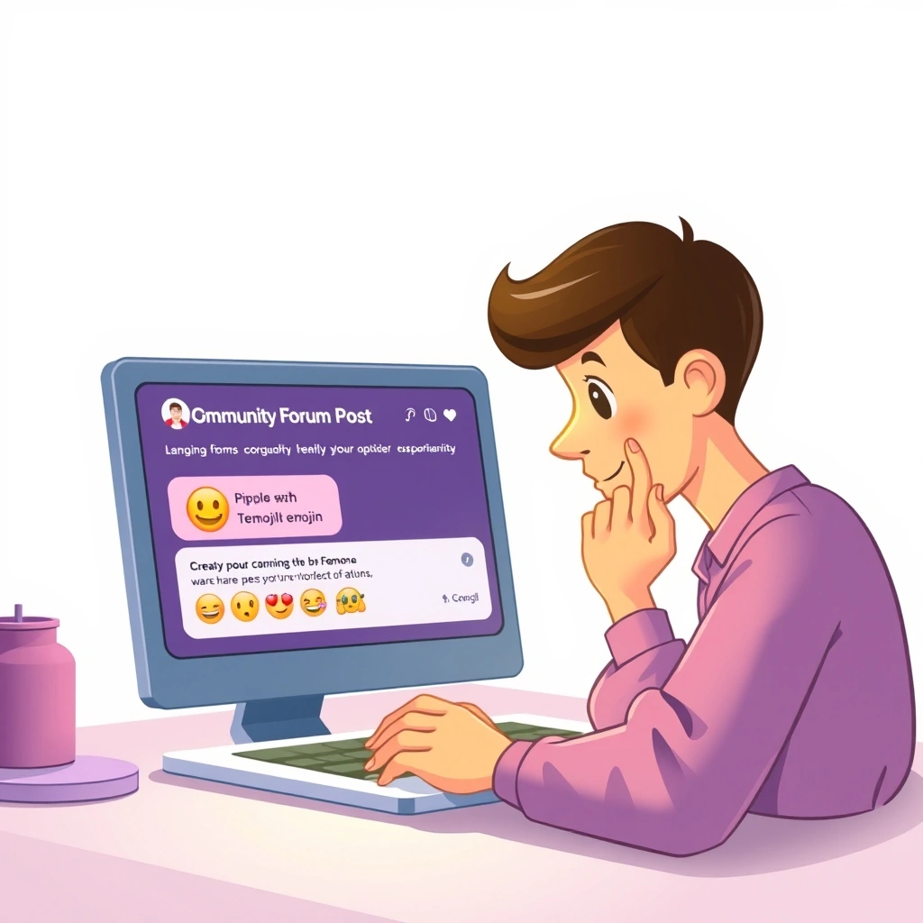 A person contemplating a key emoji response in an online community discussion.