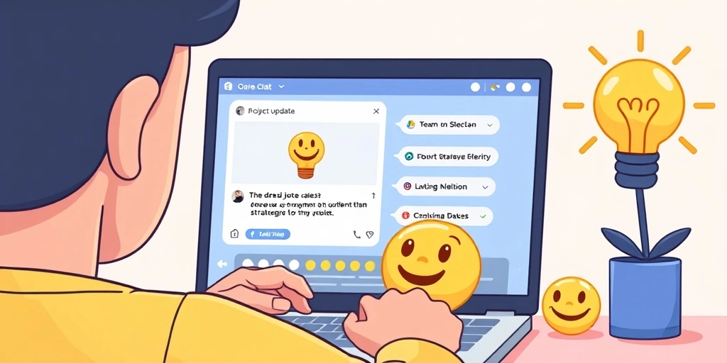 A professional adding a lightbulb emoji to a project update message on their laptop.