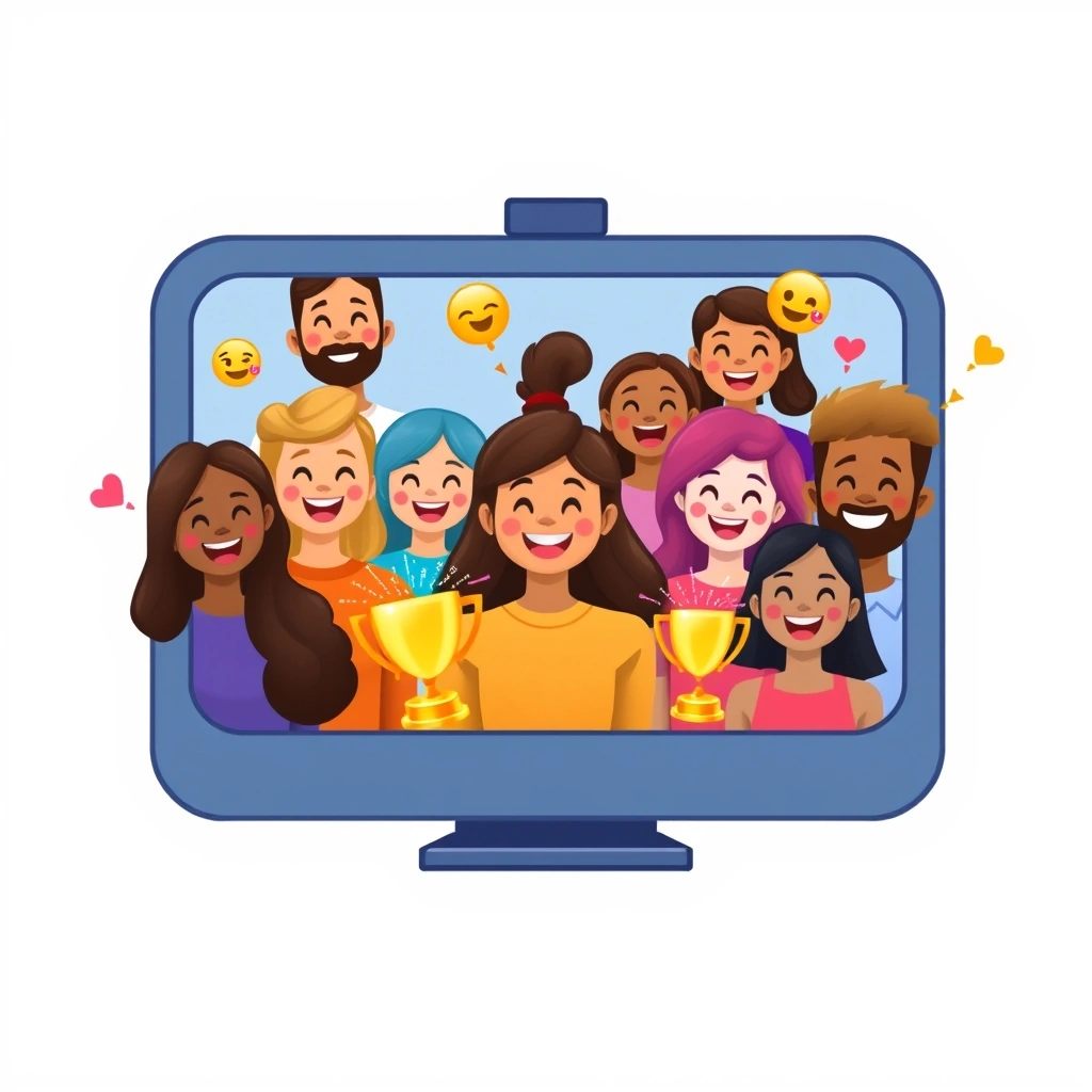 A remote team celebrating a win with festive emojis during a video call.