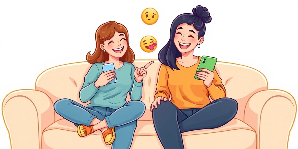 Friends laughing together while one shows a funny emoji on their phone.