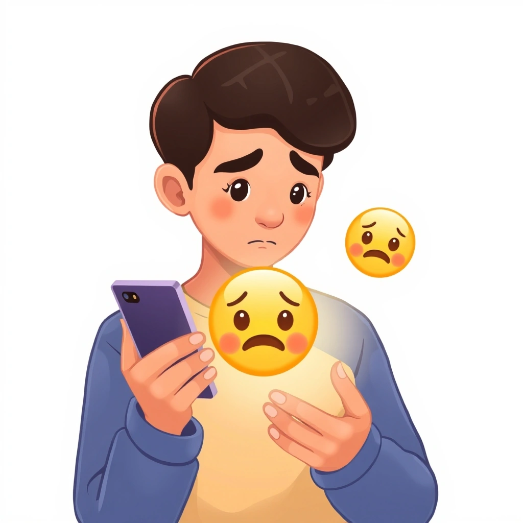 A person thinking deeply while looking at their phone, with a soft emoji nearby.