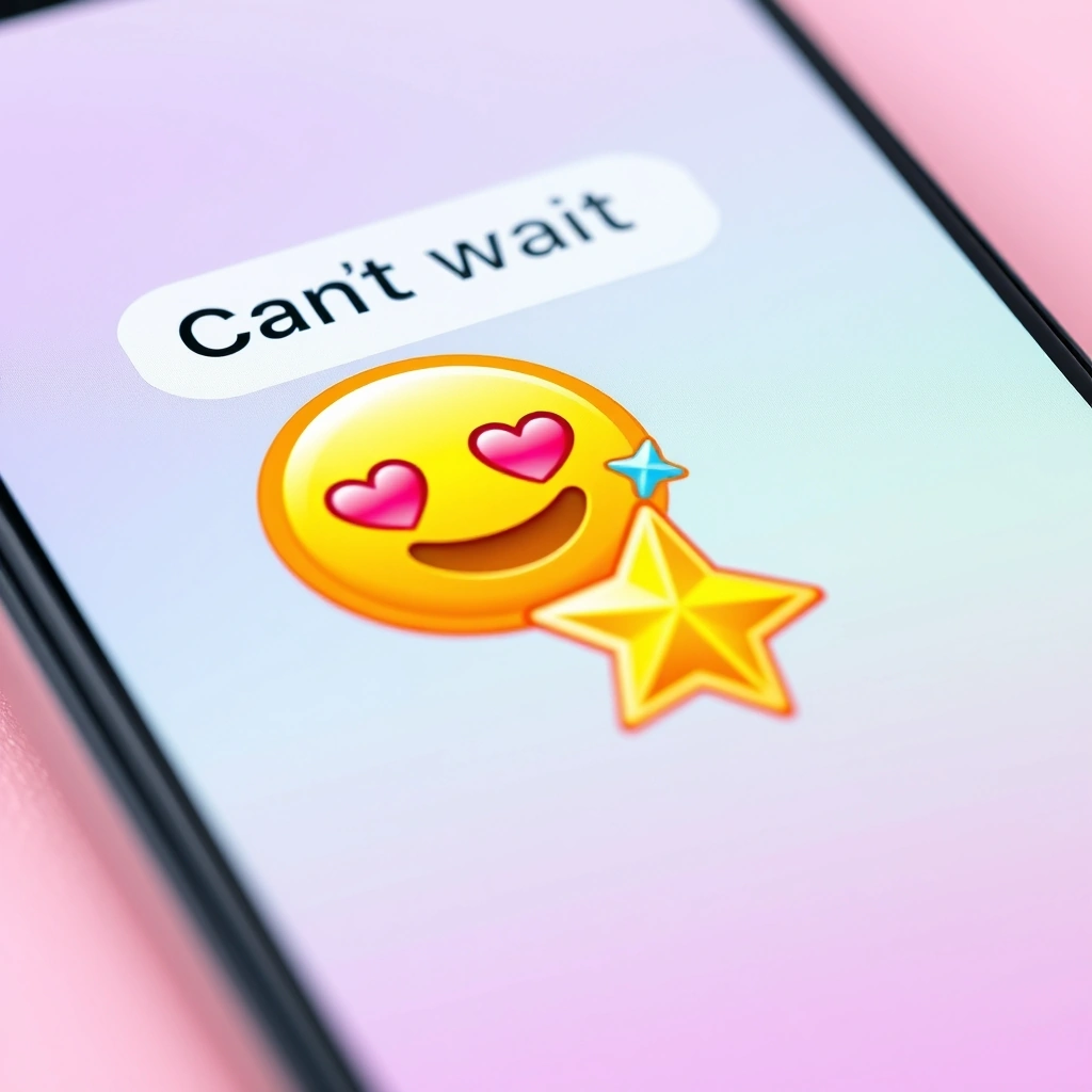 A smartphone displaying a text with a colorful combination of excited emojis. A smartphone displaying a text with a colorful combination of excited emojis.