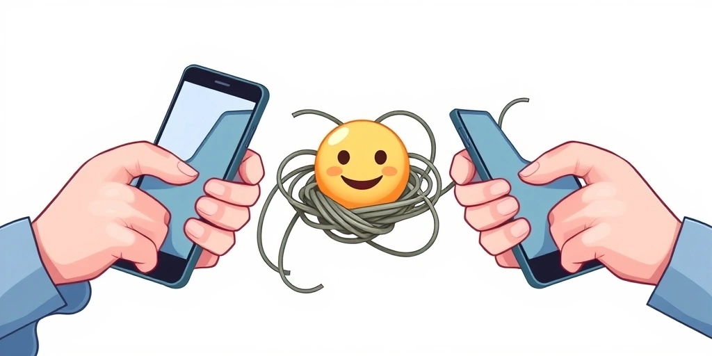 A visual metaphor of an emoji untangling communication tension between two people.