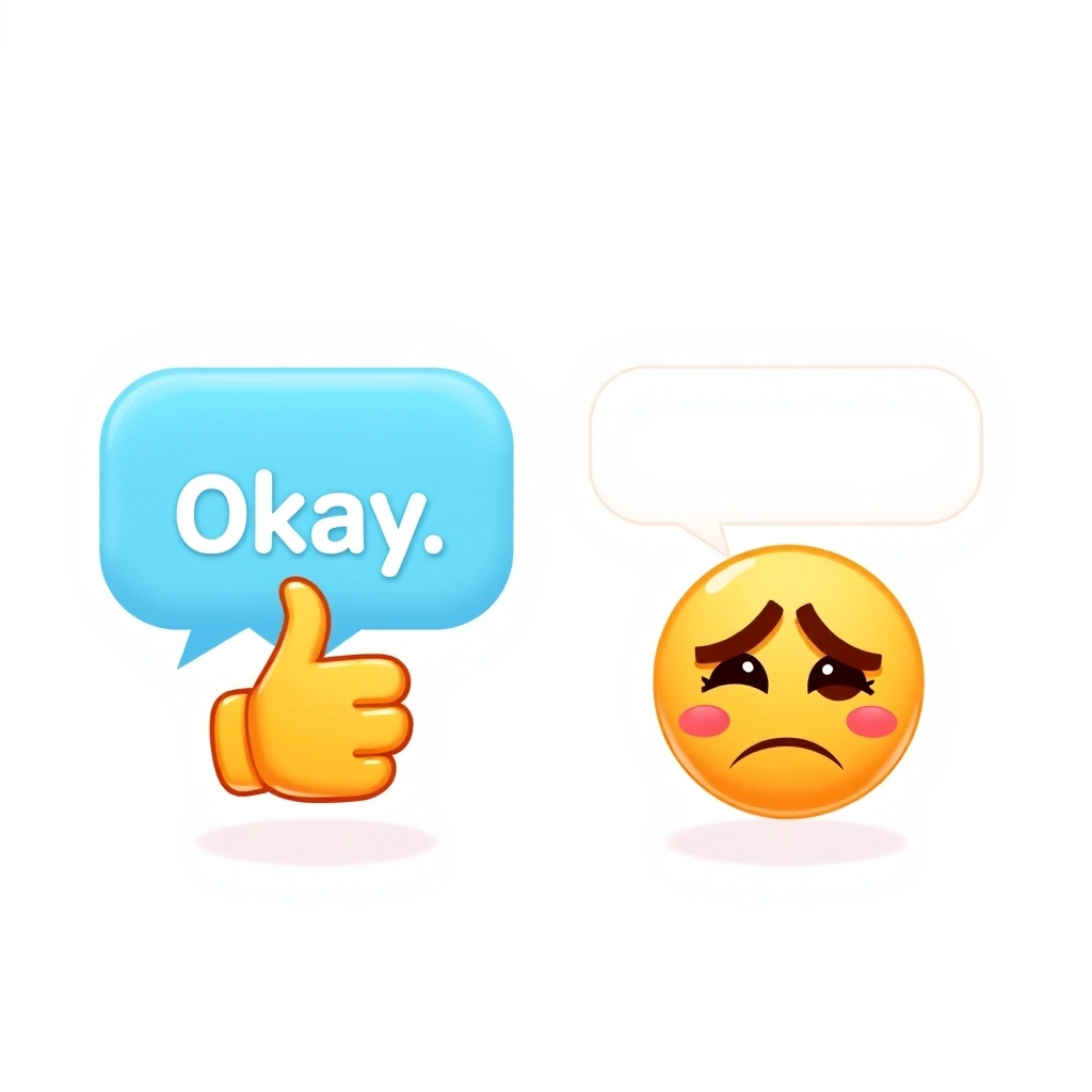 Side-by-side comparison of the word 'Okay' with different emojis, changing its entire meaning. Side-by-side comparison of the word 'Okay' with different emojis, changing its entire meaning.