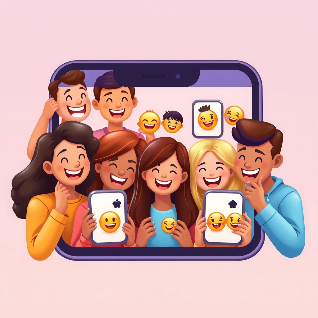 Friends on a video call, with their phones showing different reactive emoji pairs in a group chat.