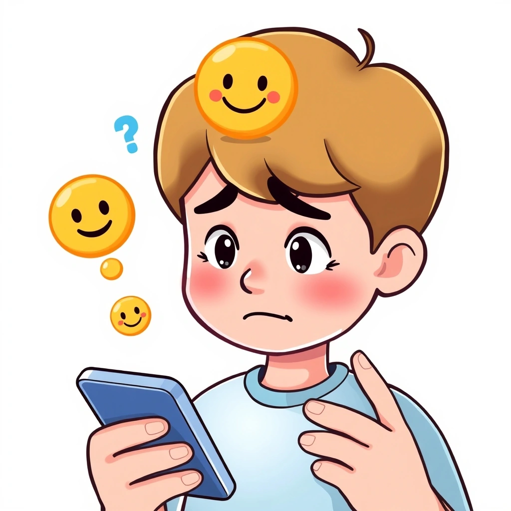 Person confused by an emoji in a text message on their phone