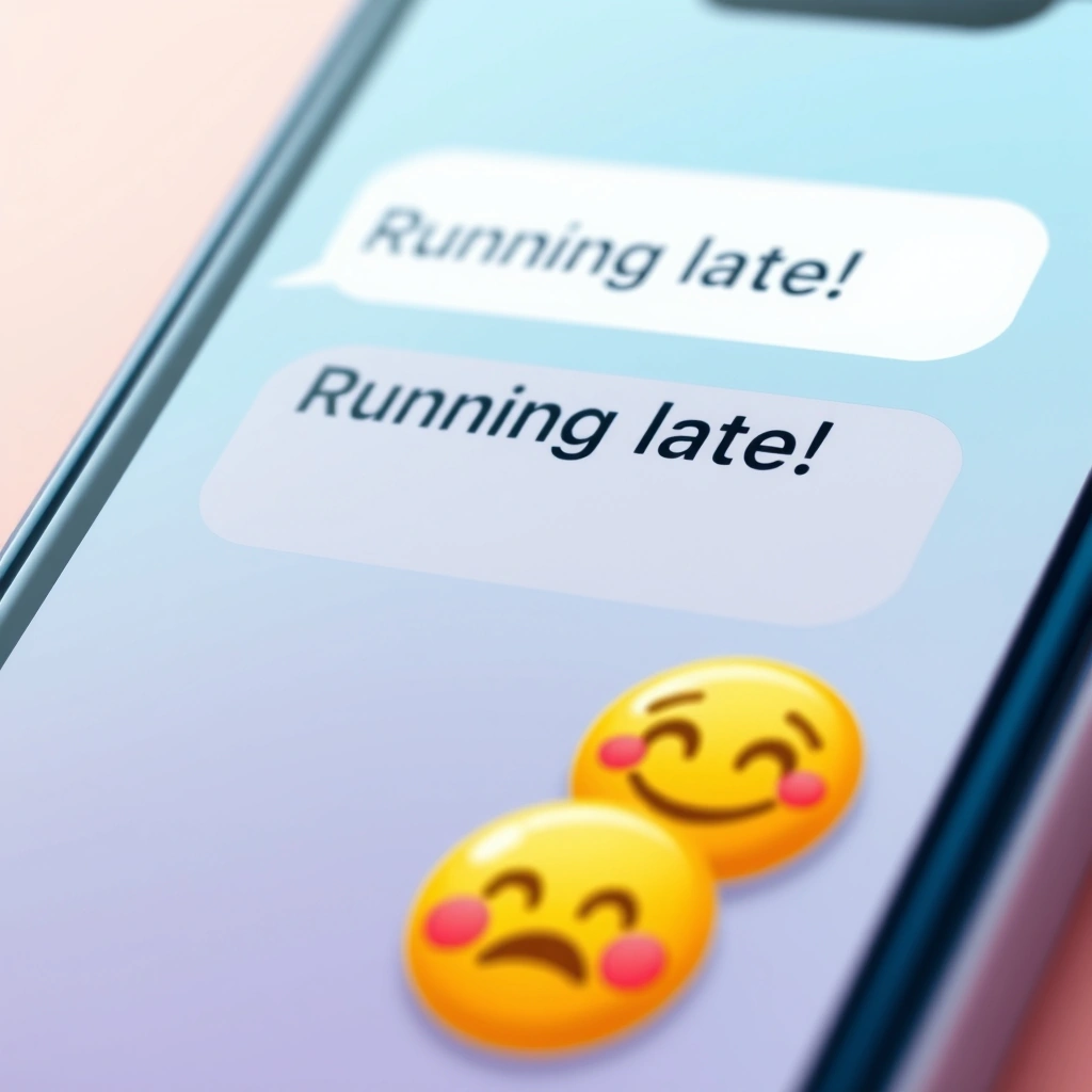 A text message using pleading and nervous smiley emojis to soften the tone of being late.