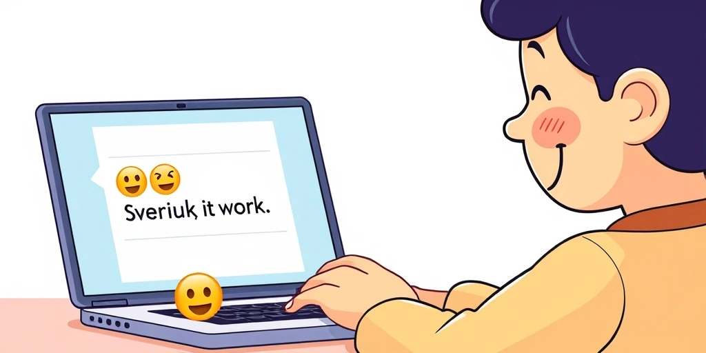 A professional adding a friendly emoji to a work message on their laptop
