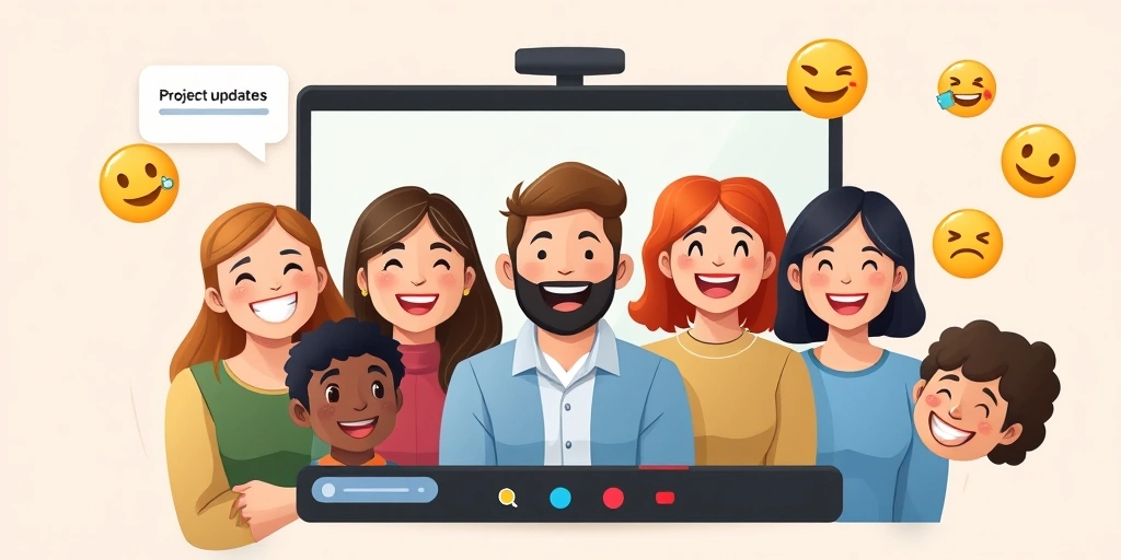 A remote team on a video call with emoji-filled project updates in their chat