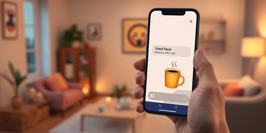 A person holding a phone showing a tired face emoji and a coffee cup emoji in a chat. A person holding a phone showing a tired face emoji and a coffee cup emoji in a chat.