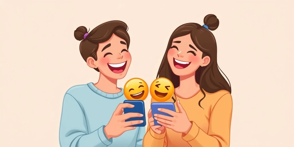 Two people sharing a laugh over a private emoji joke on a phone