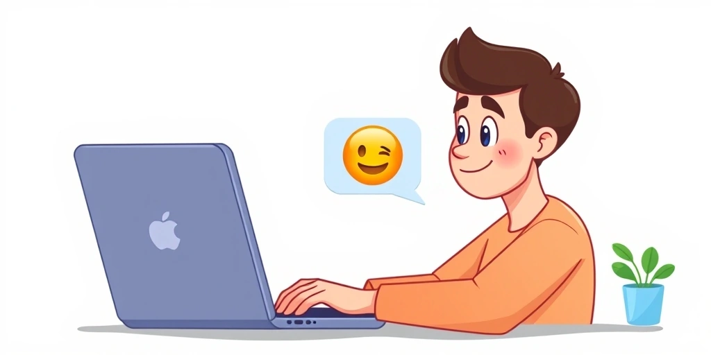 A remote worker smiling at their laptop, an emoji clarifying a message on screen. A remote worker smiling at their laptop, an emoji clarifying a message on screen.
