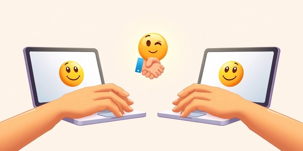 A visual metaphor of connection in remote work with an emoji bridging two laptops. A visual metaphor of connection in remote work with an emoji bridging two laptops.