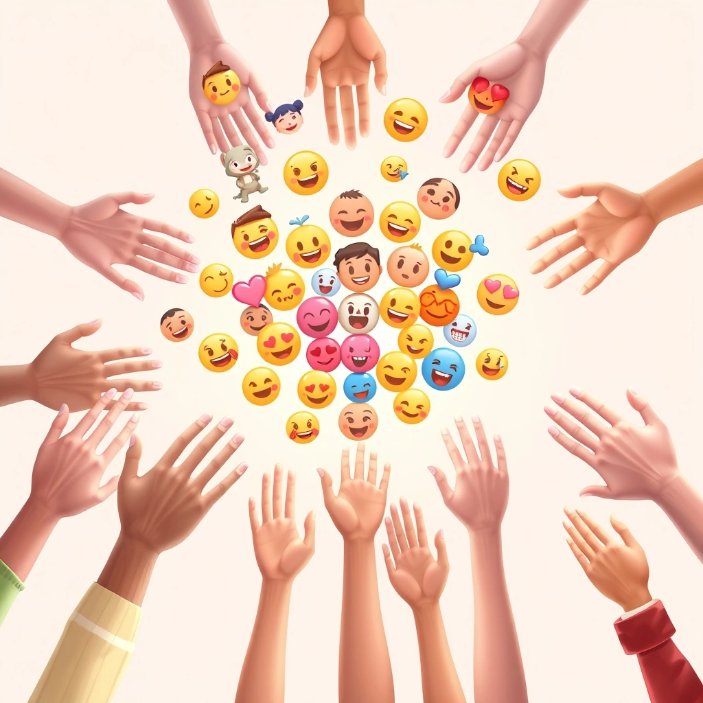 Hands from different generations interacting with a shared group of floating emoji symbols.